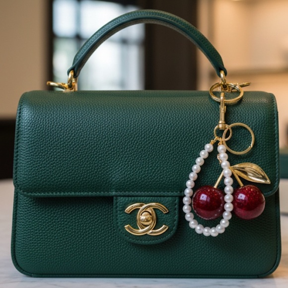 ✨NEW Pearl Gold tone Cherry keychain charm - Picture 4 of 7